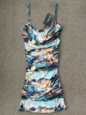 Prettylittlething Blue Multi Cowl Neck Ruched Slip Dress
